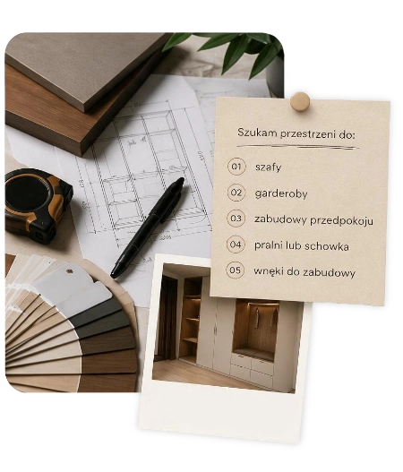 Moodboard projektu mebli na wymiar z próbkami płyt, rysunkiem technicznym i wizualizacją zabudowy